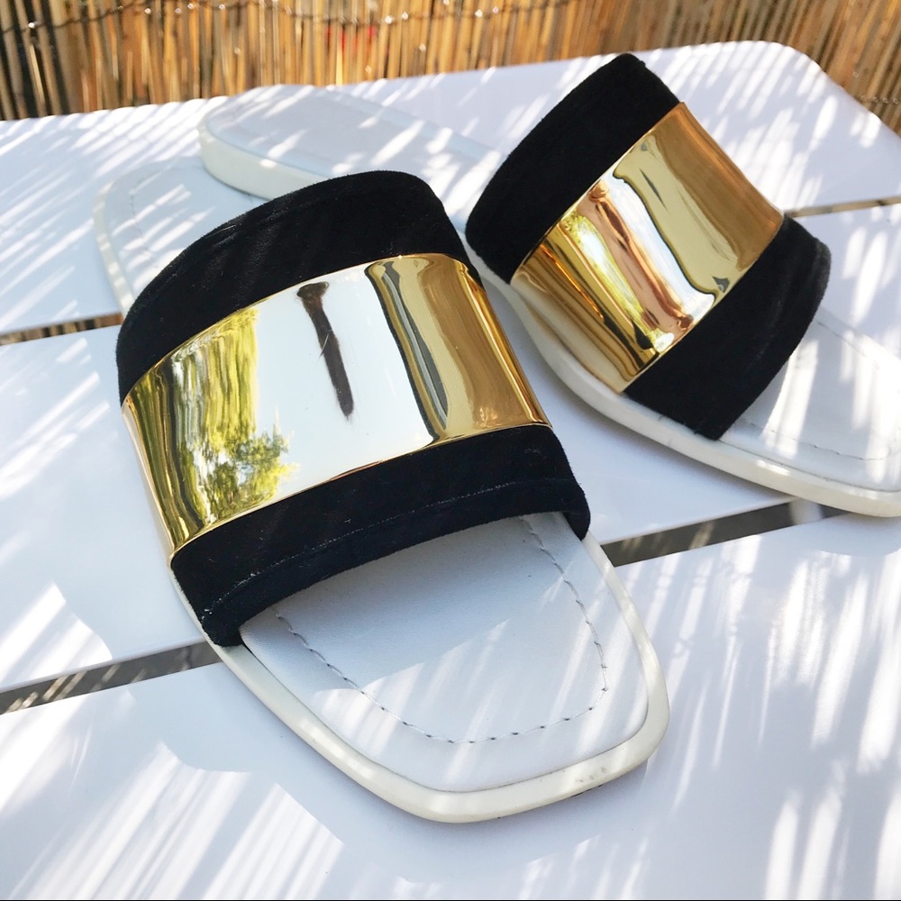Zara black velvet with gold band sandals